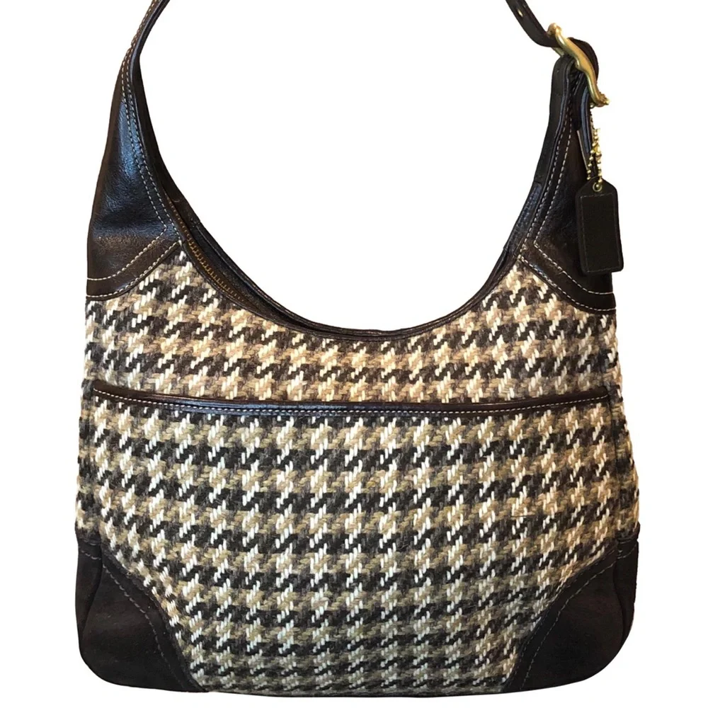 Vintage COACH Hampton Leather & Houndstooth Wool Hobo w Magnetic Front Pocket